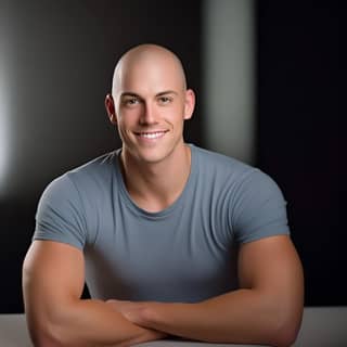 create a hyperrealistic 25 year old smiling clean shaven bald Englishman with bright blue eyes and blond eyebrows with