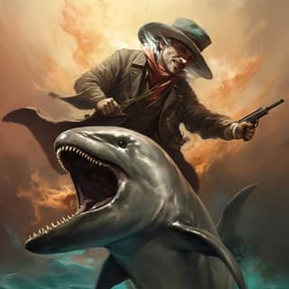 a dolphin beating up a cowboy, in a cowboy hat riding a dolphin