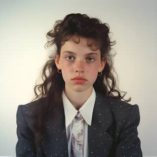 a female high school student with skin diseases, with curly hair wearing a suit