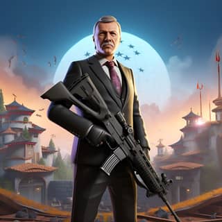 fortnite recep tayyip erdoğan, the man in the suit is holding a gun