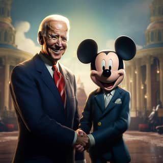 https://s mj run/UlfLEB8Og9k cartoon movie still detailed art president joe biden shaking hands with mickey mouse dramatic