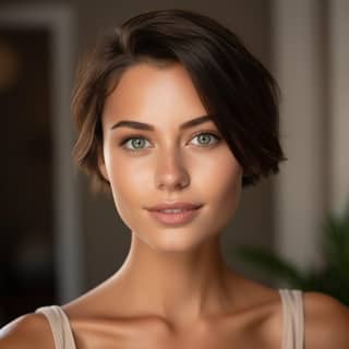 Una donna con un incarnato caldo abbronzato, capelli corti castani, occhi nocciola profondi, trucco curato e naturale e sopracciglia ben curate.