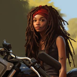 Une femme afro-américaine de 19 ans avec de longues dreadlocks portant un casque de moto.