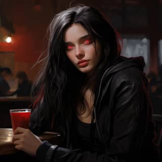 Detailed red eyes, with red eyes sitting at a table with a drink