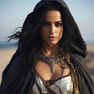 badass black haired Berber pirate woman scimitar in North Africa wearing a traditional woven cloak with silver tribal
