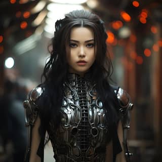 beautiful woman with long black hair cyberpunk, in a futuristic suit with long hair