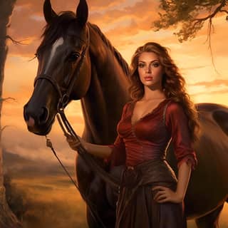 a curvaceous woman standing next to a magnificent horse Provide a high degree of realism and naturalness so that the scene