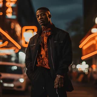 full body shot: A black man in stylish street wear posing under a street lamp The scene unfolds on a street with a backdrop