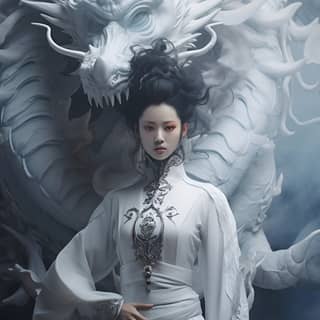 a futuristic machine beauty with a Chinese face dressed in a white Hanfu with a coiling Chinese dragon behind her intricate