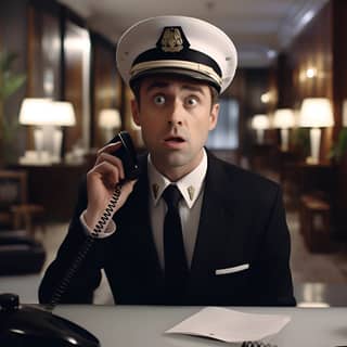 generate a scene in 4k of a real life hotel concerige behind a hotel desk He is talking on the phone He is wearing a hotel