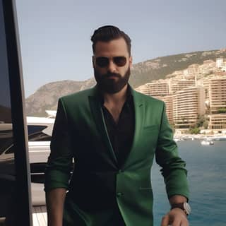 https://s mj full body On a luxurious yacht against the backdrop of a pristine beach the dashing man in his emerald green