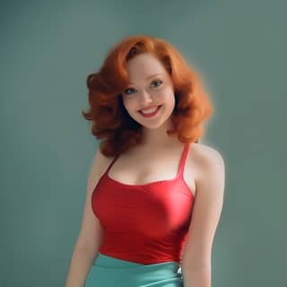 https://s mj run/-R7JJAr0LQo https://s mj run/PKp9ZJq7BEs https://s mj run/l6y9hHiZ8bA, redhead woman in a red top and blue