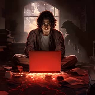 illustration featuring an ultra-realistic with fairly long curly brown hair sitting cross-legged on the floor typing on the