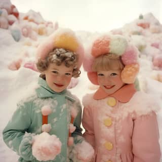 kids in pastel rainbow snow looks like cotton candy pink and orange and green and blue 1960s retrofuture