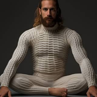 male yoga teacher in a wool bodysuit, in a sweater sitting in a yoga pose