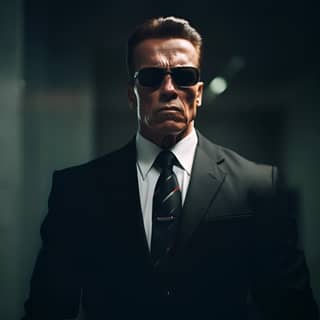 movie scene arnold schwarzenegger as a cia operative, in a suit and sunglasses