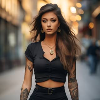 Belle mannequin brune, écolière avec la peau bronzée et des tatouages, courant dans la rue.