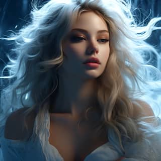A white Ahri lookalike blonde girl with long fully hair looking from a balcony sourrounded by nebulae and stars in the style