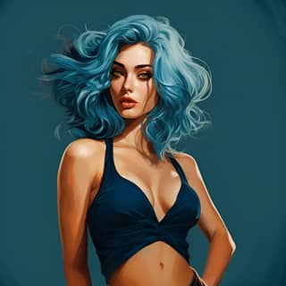 Uma mulher com cabelo azul ousado faz poses dignas com gestos elegantes e laterais.