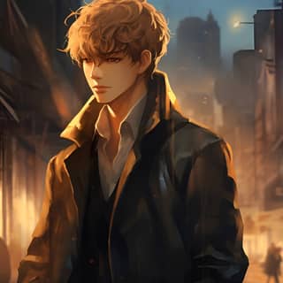 【Cold wind breezes over his clothes】【cold lighting】【realistic style】【comic style】, anime boy in black jacket standing in the