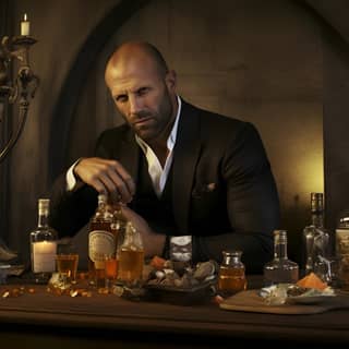 Jason Statham drinks cognac from a bottle photorealistically, a bald man in a suit sitting at a table with bottles of liquor