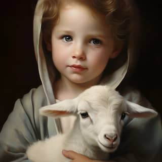 Little Jesus with lamb oil painting, a little girl holding a lamb