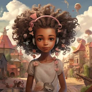 Lula: African american girl 8 years old hair is in two curly buns on the top of her head Her two hair ties are pink She is