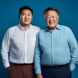 Mongolian 40 years old chubby man with his 80 years old thin father in sky blue background studio Zara wearing cashmere shirt