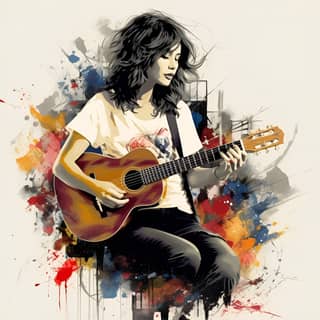 T shirt print named "Fret 37" girl guitarist playing acoustic guitar