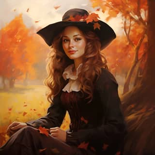 Victorian witch against a bright autumn background in sunlight, in a black hat sitting in the autumn leaves