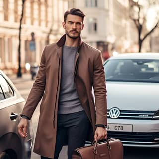 an attractive man walking with his suitcase and sitting on the street next to a vw passat in the style of gray and brown