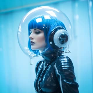 beautiful woman wearing tight latex spacesuit floating in space earing bubble helmet blue hair