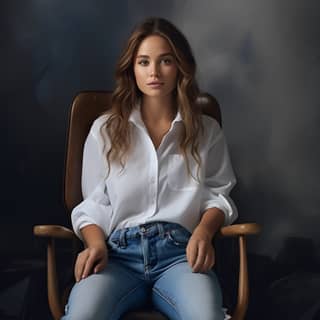 https://s mj run/Q1lPzUbuGlU girl sitting on the chair wearing denim jeans and white shirt