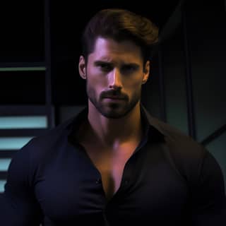 https://s mj run/aj38LwHMyOM muscular man with a perfect torso brunette stubble black shirt office night photo