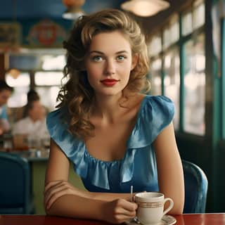 photo realistic woman who has Polish Swedish and German ancestry with light brown hair wearing a blue dress in a 1950s cafe