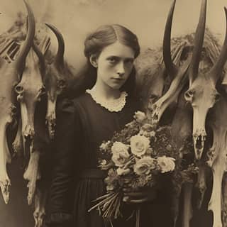 skinny girl in 1910's Albumen print close up surreal holding a bouquet of goat sculls and dead flowers