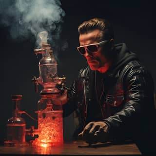 terminator taking hits from a complex glass percolator bong, in sunglasses smoking a bong