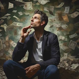 thinking about money, sitting in front of a pile of money