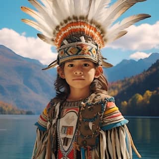 traditional mexican culture pre hispanic boy wearin feathers with colorfull dress in front of aa mountain and lake happy but