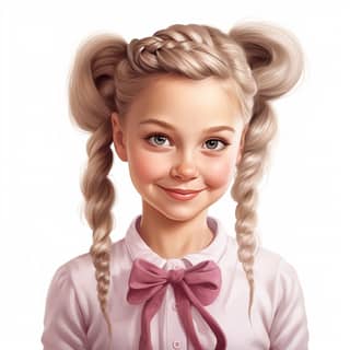 very cute smile girl 10 years blond hair with white bows pupil white blouse jacket braids realism Crayon drawing cartoon