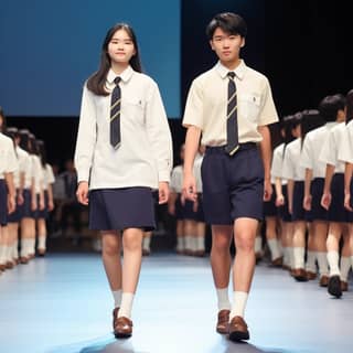 Asian students walking on a stage wearing fashionable school uniforms in beige white light brown color with navy blue or