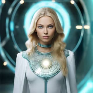 Beautiful Pleiadian extraterrestrial woman light blue eyes blonde with long hair white tunic with gold and turquoise