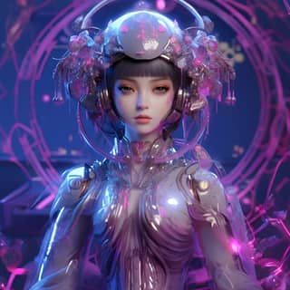 Chinese girl fair skin exquisite facial features Hanfu and mecha projection holographic display purple colour holographic