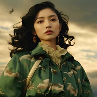 Komatsu Nana wearing Gucci summer 2024 campaign Japanese dark green and beige nostalgia ethereal cloudscapes hight fashion