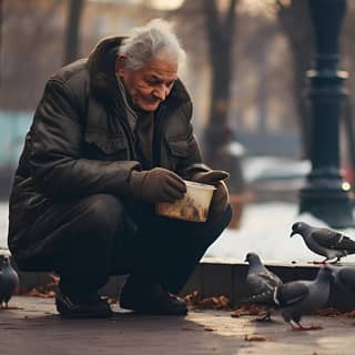 O homem idoso alimentou pombos com migalhas no parque.