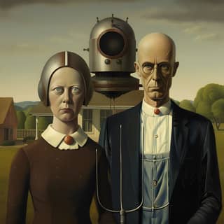 american gothic by grant wood with robots instead of people