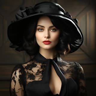 beautiful woman with black hair and hat chic style, woman in a black hat