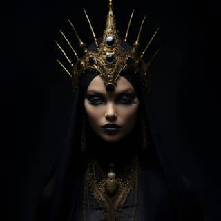 beauty in a black dress and black makeup covered head crown in the style of dark gold and light gold otherworldly beings