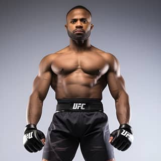 a black american bantamweight MMA fighter Wearing MMA gloves and fighting shorts with a confident stance