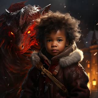 boy a toddler age 2 baby standing beside his giant Dragon Dark skinned prince with black hair afro dungeons and dragons